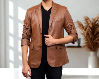 Men's Travel Blazer Leather Jackets - Two Button Closure Style