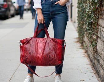 Red Snakeskin Oversize Totes Triple Handle Gift for Mother