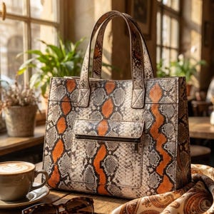 Orange snakeskin tote bag styled in luxury café setting