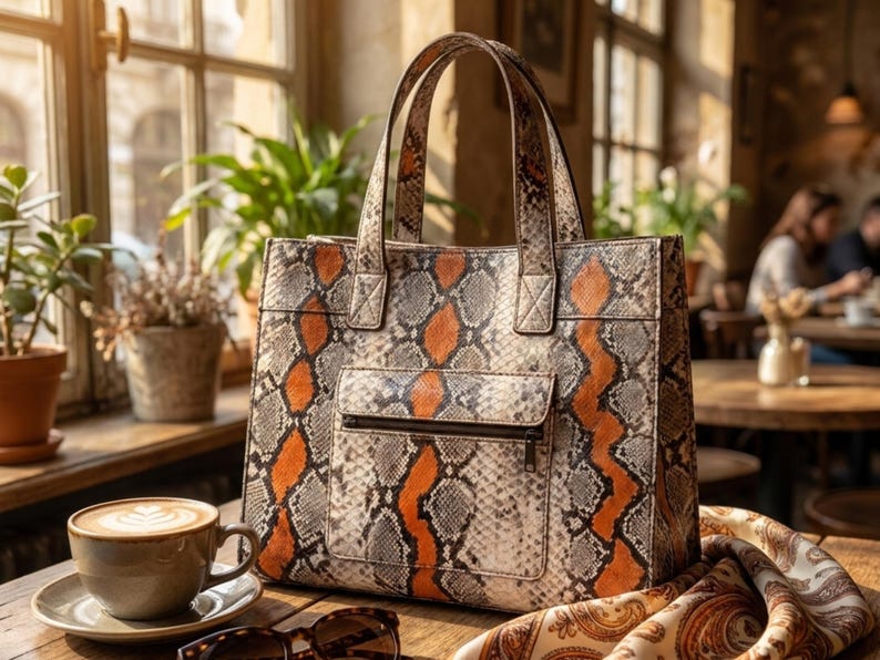 Orange snakeskin tote bag styled in luxury café setting