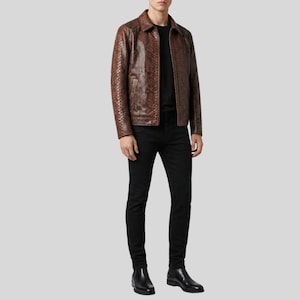 Genuine Python Snakeskin Biker Jacket Brown Exotic Leather Luxury Handmade Mens Motorcycle Coat