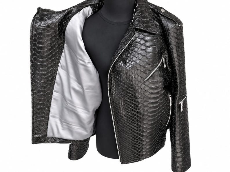 Black genuine python snakeskin leather biker jacket open showing satin lining
