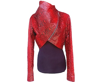 Long-Sleeve Red Snakeskin Leather Bolero Fashion Jacket For Evening Dresses