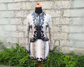 Snakeskin Two-Piece Set | Women's Couture Skirt and Jacket | Luxury Handmade Outfit | Statement Matching Set | Black Appliqué Detailing