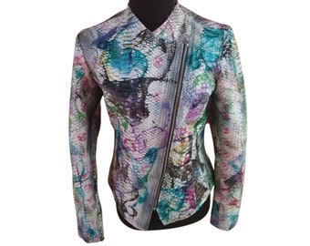 Women Biker Jacket Genuine Python Snakeksin Leather Abstract Color