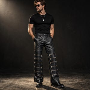 Genuine Black Python Snakeskin Leather Pants: Men's Wide Leg Biker Trousers with Zipper Details