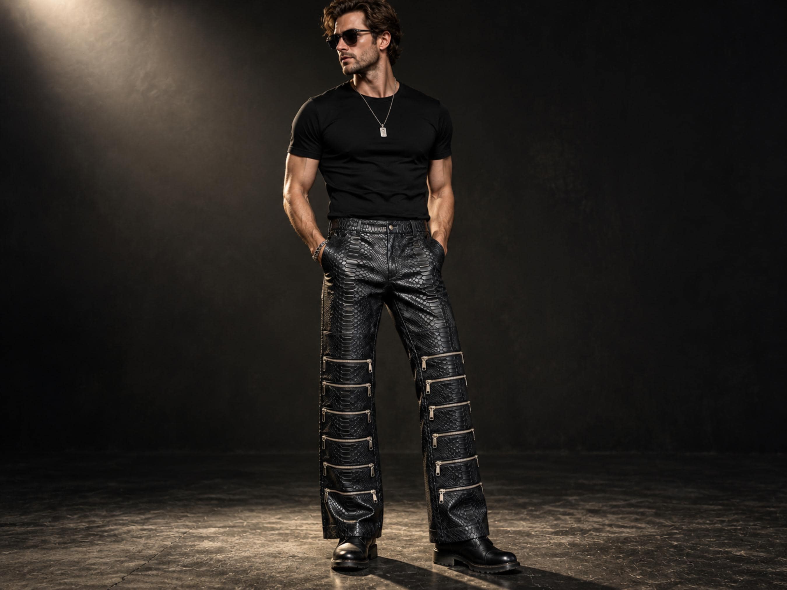 Genuine Black Python Snakeskin Leather Pants: Men's Wide Leg Biker