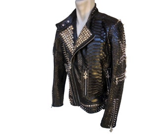 Punk Spike Studded Motorcycle Snakeskin Leather Jacket