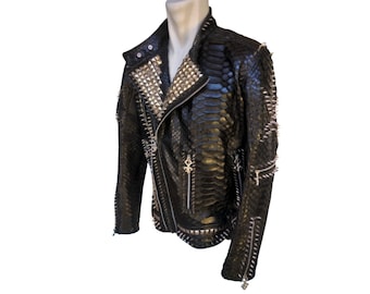 Punk Spike Studded Motorcycle Snakeskin Leather Jacket