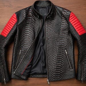 Genuine Black Python Snakeskin Leather Jacket Red Quilted Biker Motorcycle Coat