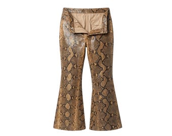 Pantalones acampanados de piel de serpiente pitón para hombre, color marrón, de piel exótica.