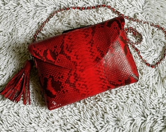 Red Snakeskin Shoulder Bag with Tassel Chain Strap