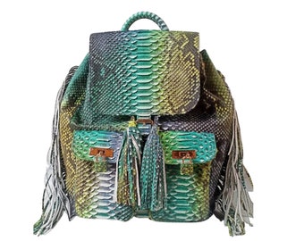 Python Snakeskin Backpack Purse Leather for Women with Fringe Accent Multi Color