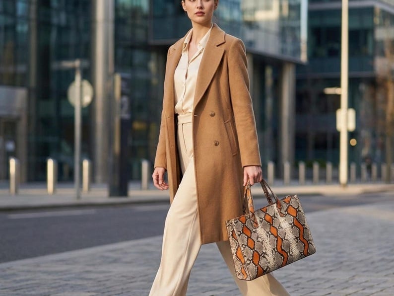 Street style fashion with genuine python snakeskin tote bag and camel coat