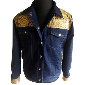 Trucker Denim Jackets for Men Accent with Real Snakeskin Leather