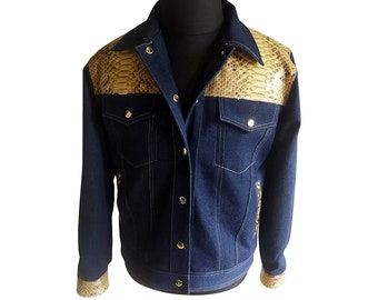 Trucker Denim Jackets for Men Accent with Real Snakeskin Leather