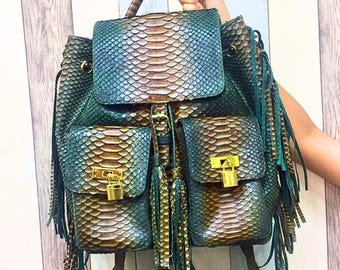 Genuine Snakeskin Women Leather Backpacks with Two Front Pockets Fringe Accents