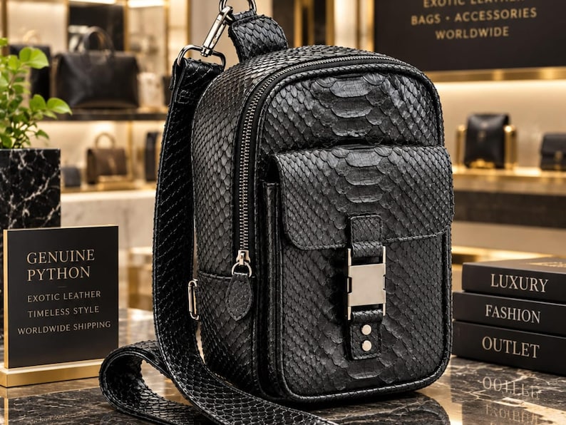 Black genuine python snakeskin backpack displayed in luxury leather boutique with exotic texture