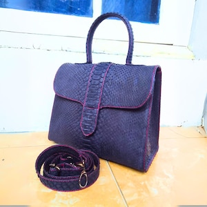 Snakeskin Damen Leder Handtasche Geldbörse, Echte Schlangenleder Crossbody Ledertasche, Großes Fach & Organizer Geldbörse - Nachtblau