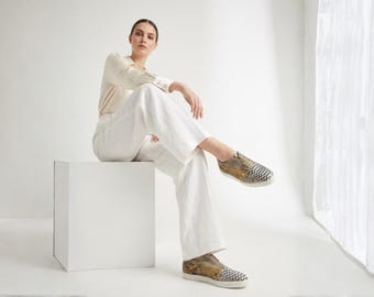 Mocasines de lujo con cremallera de piel de serpiente pitón auténtica para mujer / Zapatos sin cordones de cuero exótico hechos a mano