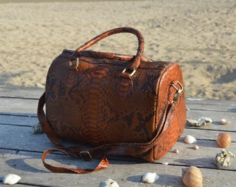 Snakeskin Leather Duffel Weekender Bag Overnight Cabin Flight Travel Handbag