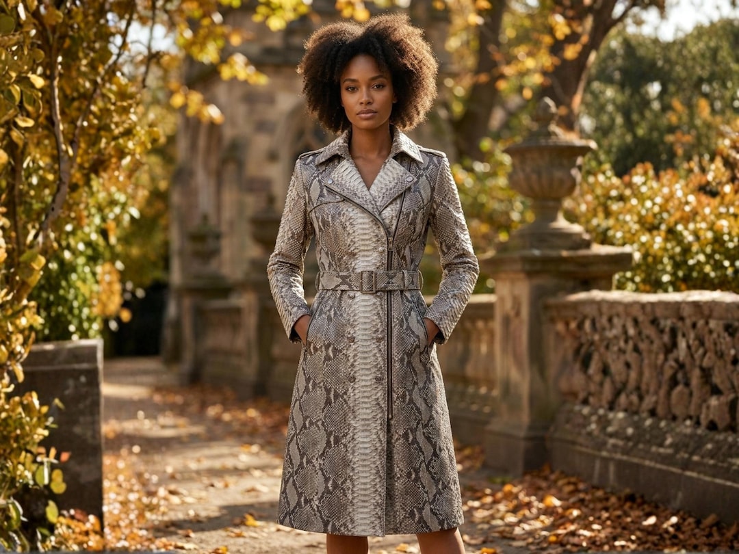 Womens Python Snakeskin Trench Coat: Exotic Leather Designer Long
