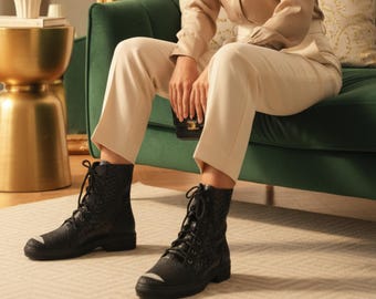 Genuine Python & Stingray Leather Boots: Black Exotic Snakeskin Unisex Combat Boots