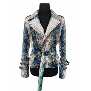 Python Snakeskin Leather Jacket Luxury: Blue Ivory Belted Motorcycle Outerwear