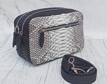 Snakeskin Sling Leather Bag with Double Organizer Compartment