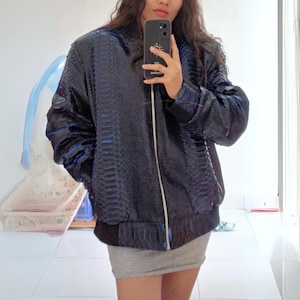Snakeskin Leather Bomber Jacket Black Gradation Blue Accent Color