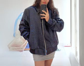 Snakeskin Leather Bomber Jacket Black Gradation Blue Accent Color