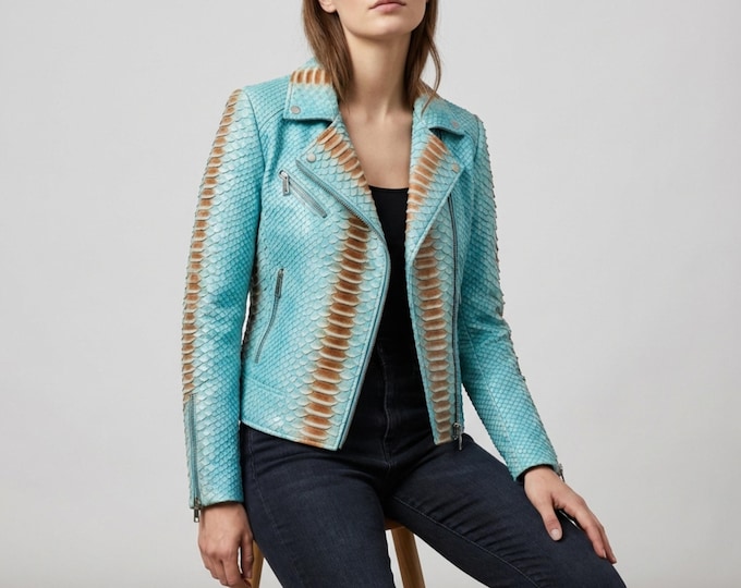 Featured listing image: Genuine Python Snakeskin Leather Biker Jacket for Women: Turquoise Blue Exotic Motorcycle Jacket