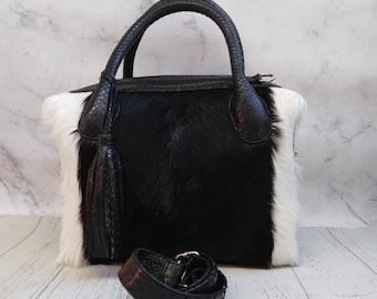 Fur Tote Bag combine Black Snakeskin Leather with Long Crossbody Strap