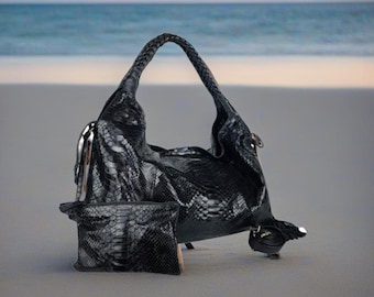 Snakeskin Shoulder Bag Woven Leather Strap with Small Purse