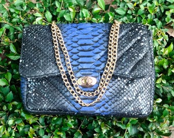 Python Snakeskin Shoulder Evening Bag with Quilted Detailing