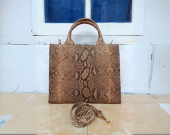 Brown Large Snakeskin Tote Leather Handbag