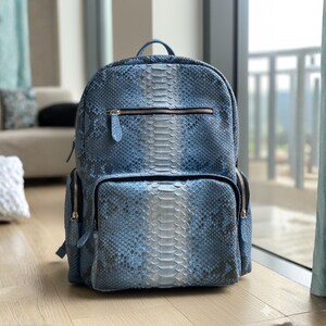 Metallic Blue Genuine Python Snakeskin Backpack: Convertible Laptop Backpacks