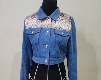 Cropped Denim Jacket for Women | Real Snake Skin Leather Accents