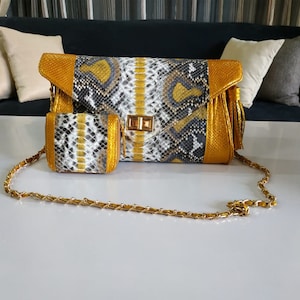 Schlangenhaut Crossbody Kettenriemen, Gold Damen Clutch Bag mit Geldbörse Wallet