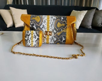 Snakeskin Crossbody Chain Strap,Gold Women Clutch Bag with Coin Purse Wallet