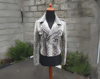 Trendy Women Biker Leather Jacket - Genuine Python Snakeskin Leather - Natural Color
