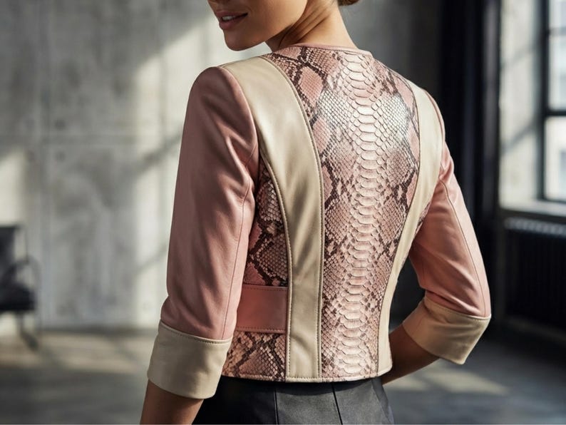 Model wearing blush leather snakeskin jacket indoor styling