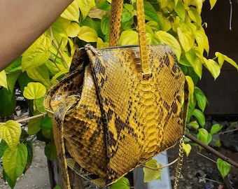 Yellow Python Snakeskin Handbag Gold-Tone Chain Crossbody Strap