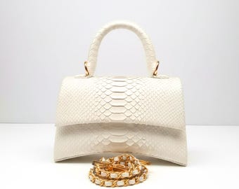 Genuine Python Leather Top Handle Bag with Gold Chain Strap: Elegant Designer Handbag