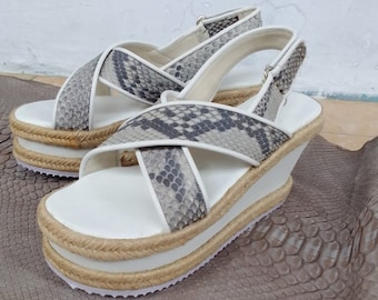 Snakeskin Leather Espadrille Wedges Classic Ankle Strap Close Toe Sandals