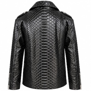 Back view of black genuine python snakeskin leather biker jacket