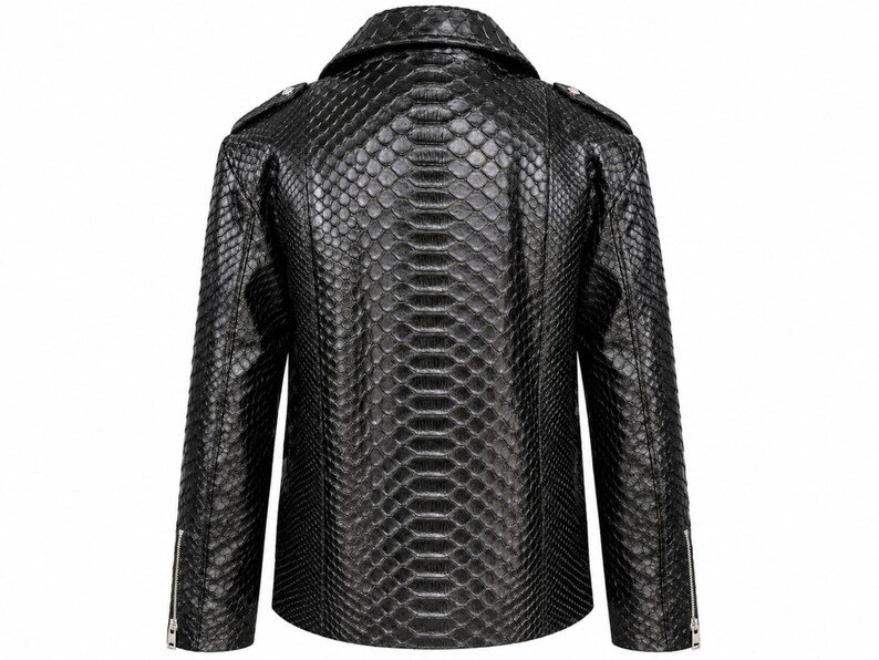 Back view of black genuine python snakeskin leather biker jacket