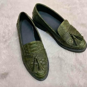 Army Green Snakeskin Leather Loafers for Women