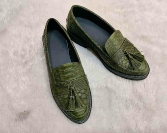 Army Green Snakeskin Leather Loafers for Women