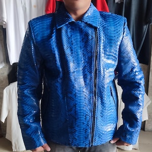 Blue Snakeskin Motorcycle Leather Jacket for Men&#39;s